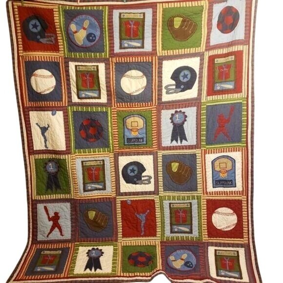 Pottery Barn Kids Sports Quilt 68" X 86" Cotton football baseball basketball - Picture 1 of 8